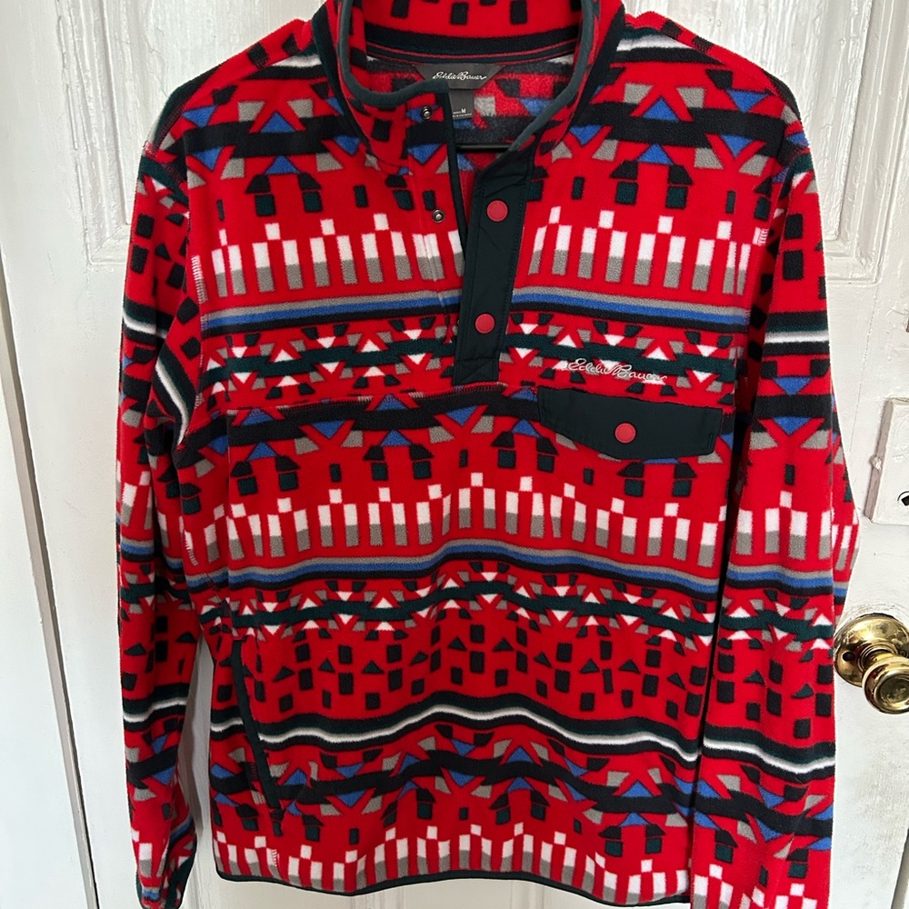 Eddie Bauer Red and Black Geometric Fleece Jacket